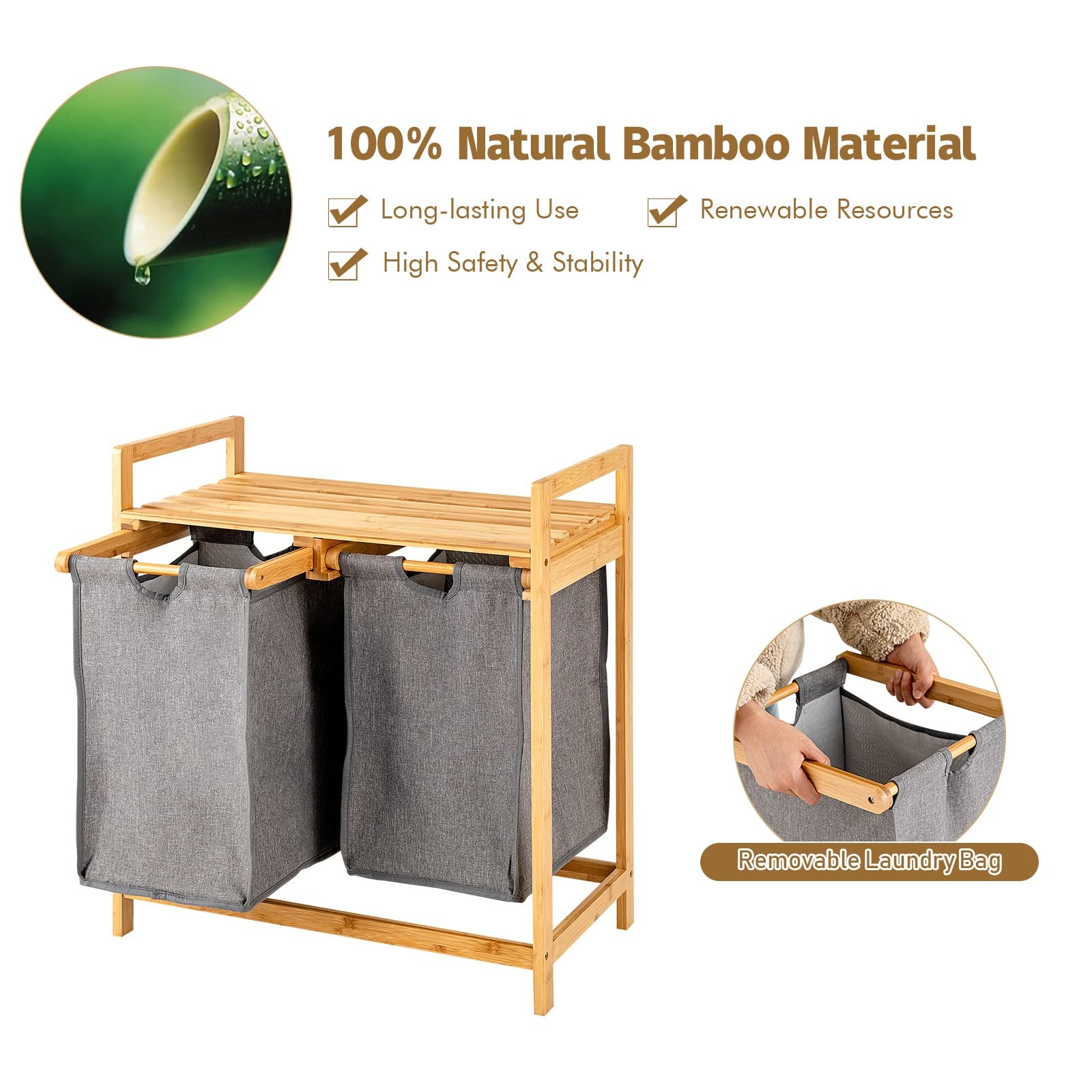 GIANTEX Estantería de Bambú con 2 Cestas Extraíbles para la Ropa, Cesta de Colada con 2 Bolsas de Tela y Estante Superior, 64 x 33 x 73 cm, Mueble de Almacenamiento para Baño, Lavandería (Gris)