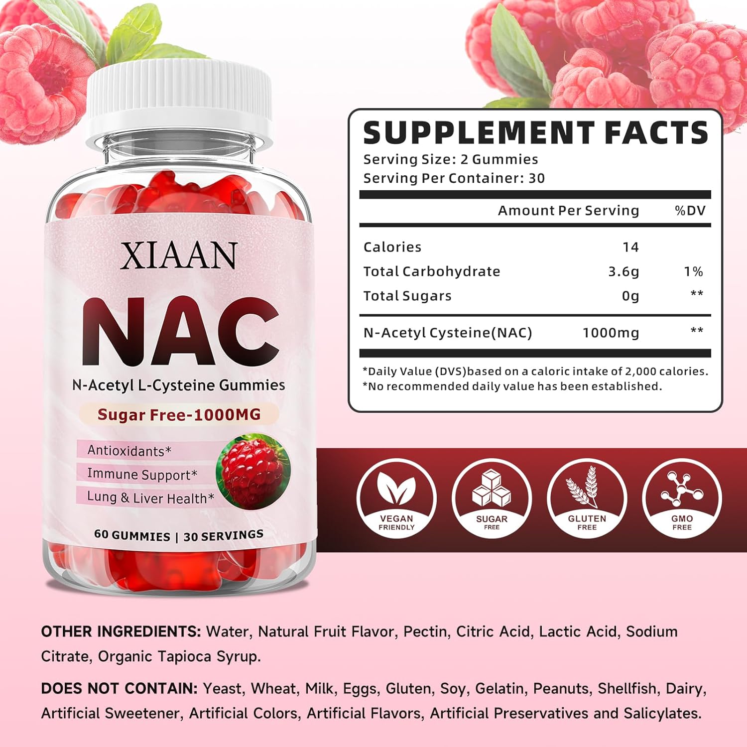 NAC Gummies for Kids & Adults, N Acetyl Cysteine 1000mg NAC Supplement for Antioxidants & Immune Support, Lung & Liver Health, Raspberry Flavor 60 Count - Image 2