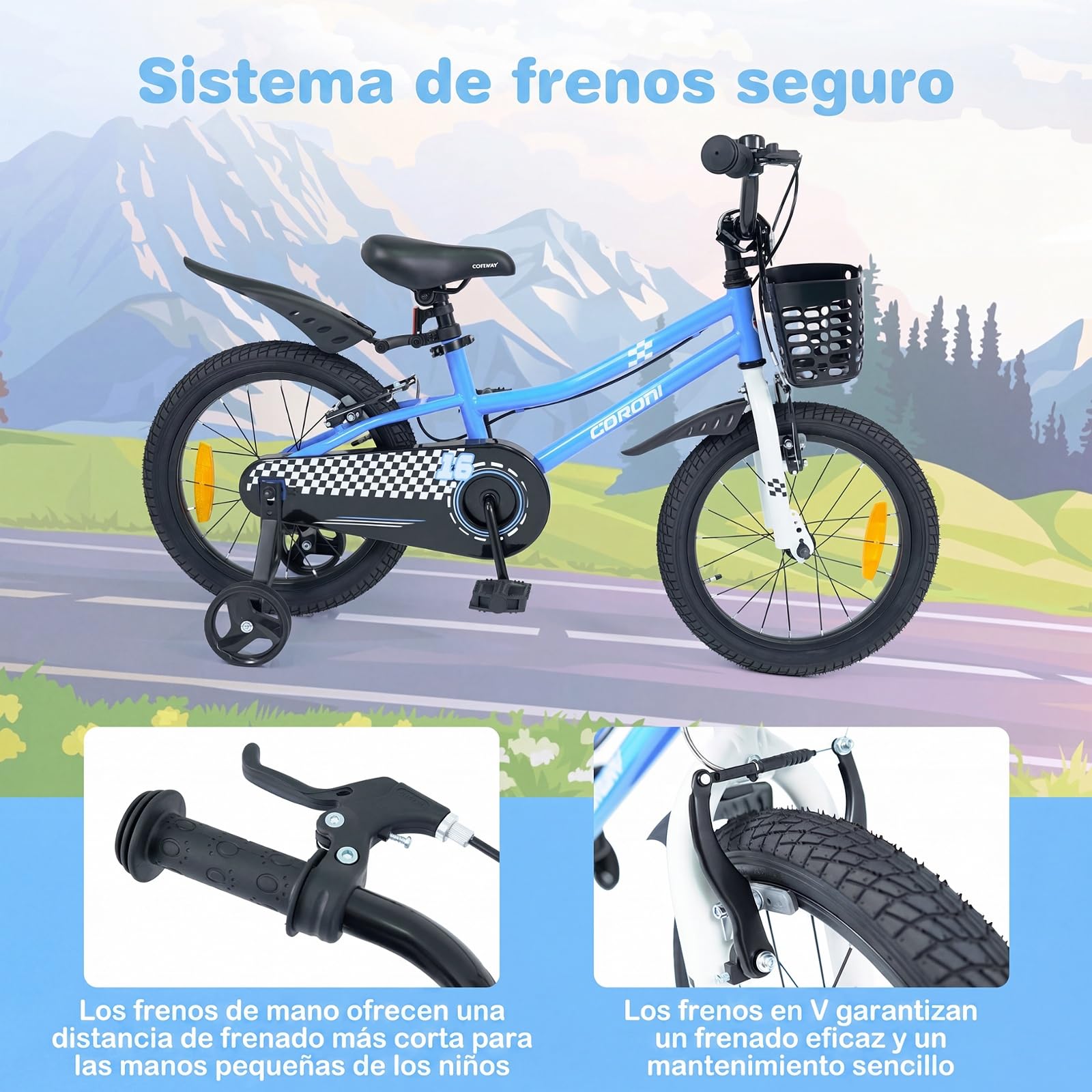 COSTWAY Bicicleta Niños 14/16 Pulgadas, Bicicleta Infantil con Ruedas Estabilizadoras Desmontables, Freno de Mano y en V, Asiento y Manillar Ajustables, Cesta y Campana