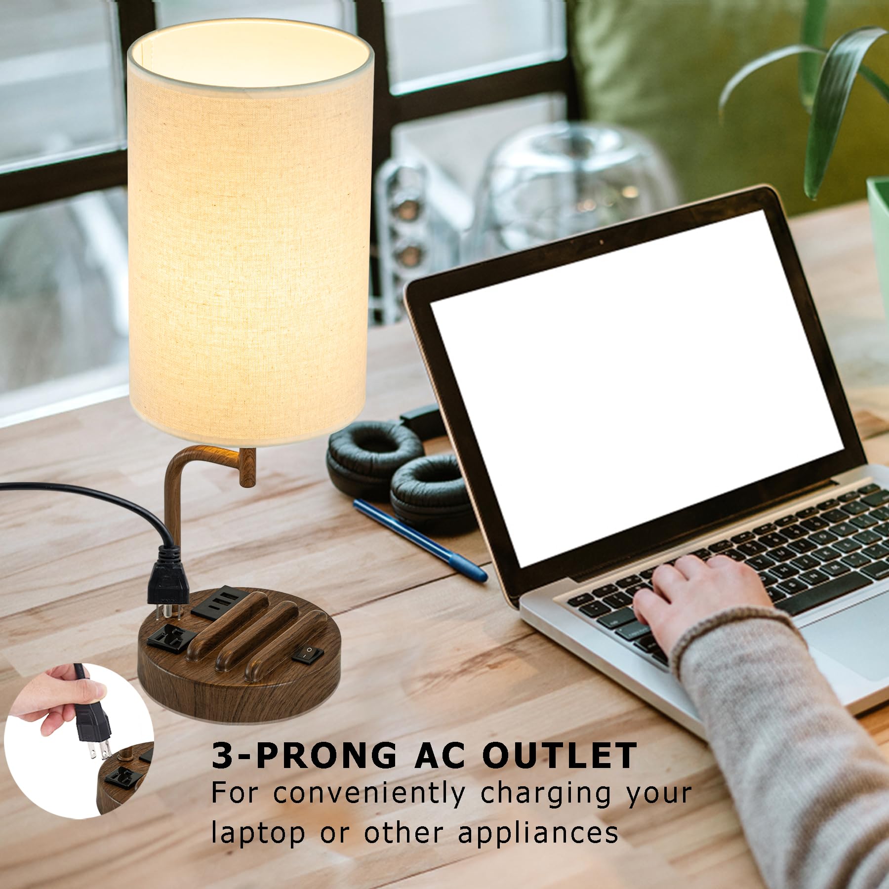Dreamholder Lámpara de mesa con 3 puertos de carga USB, moderna lámpara de escritorio con salida de CA y soportes para teléfono, lámpara de noche perfecta para dormitorio, sala de estar, oficina