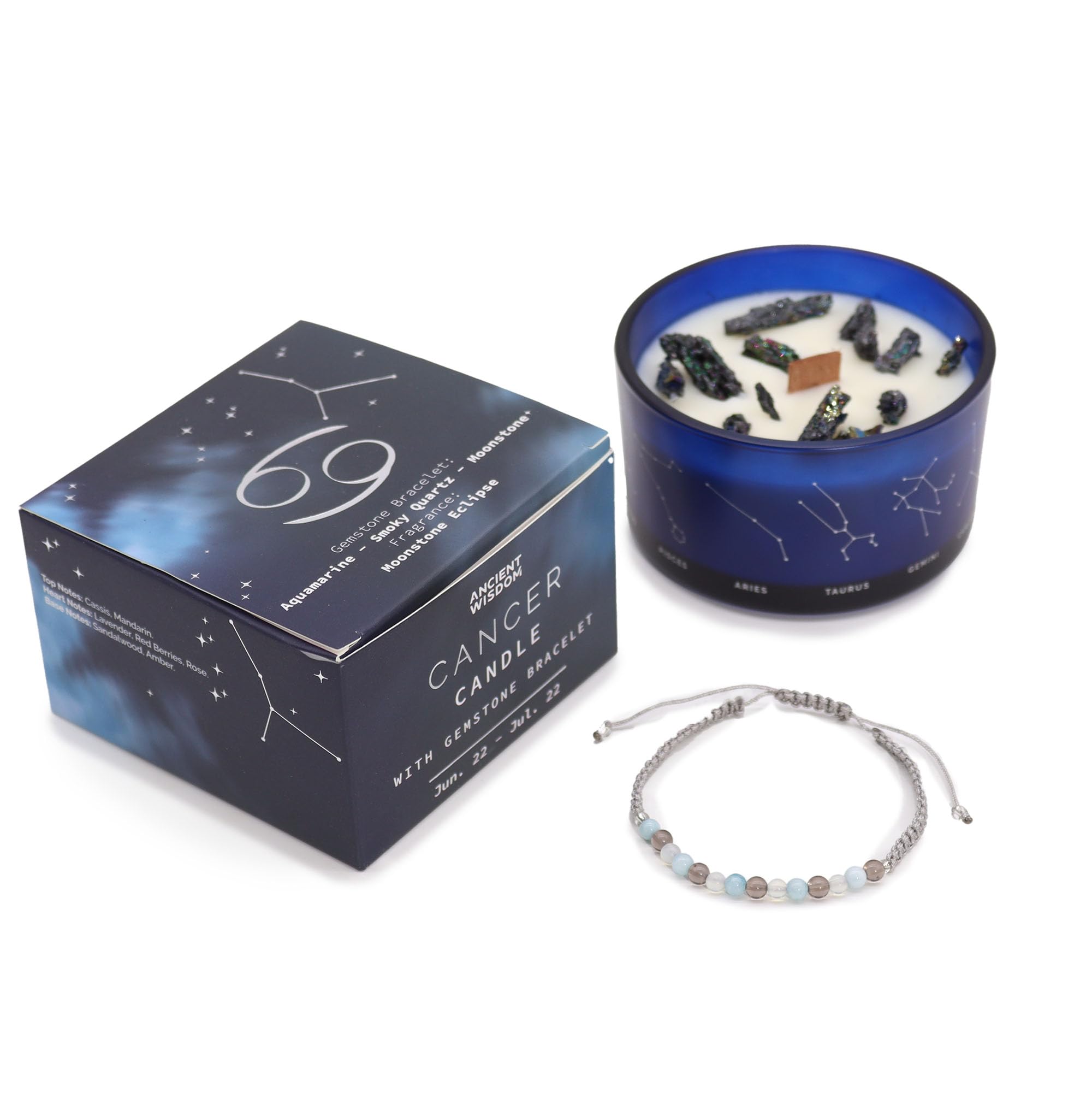 Zodiac Candle with Natural Stones and Semi-Precious Stones Bracelet in Gift Box – Scented Candles Aromatherapy – Original Gift to Connect with the Horoscope Sign (Cancer)
