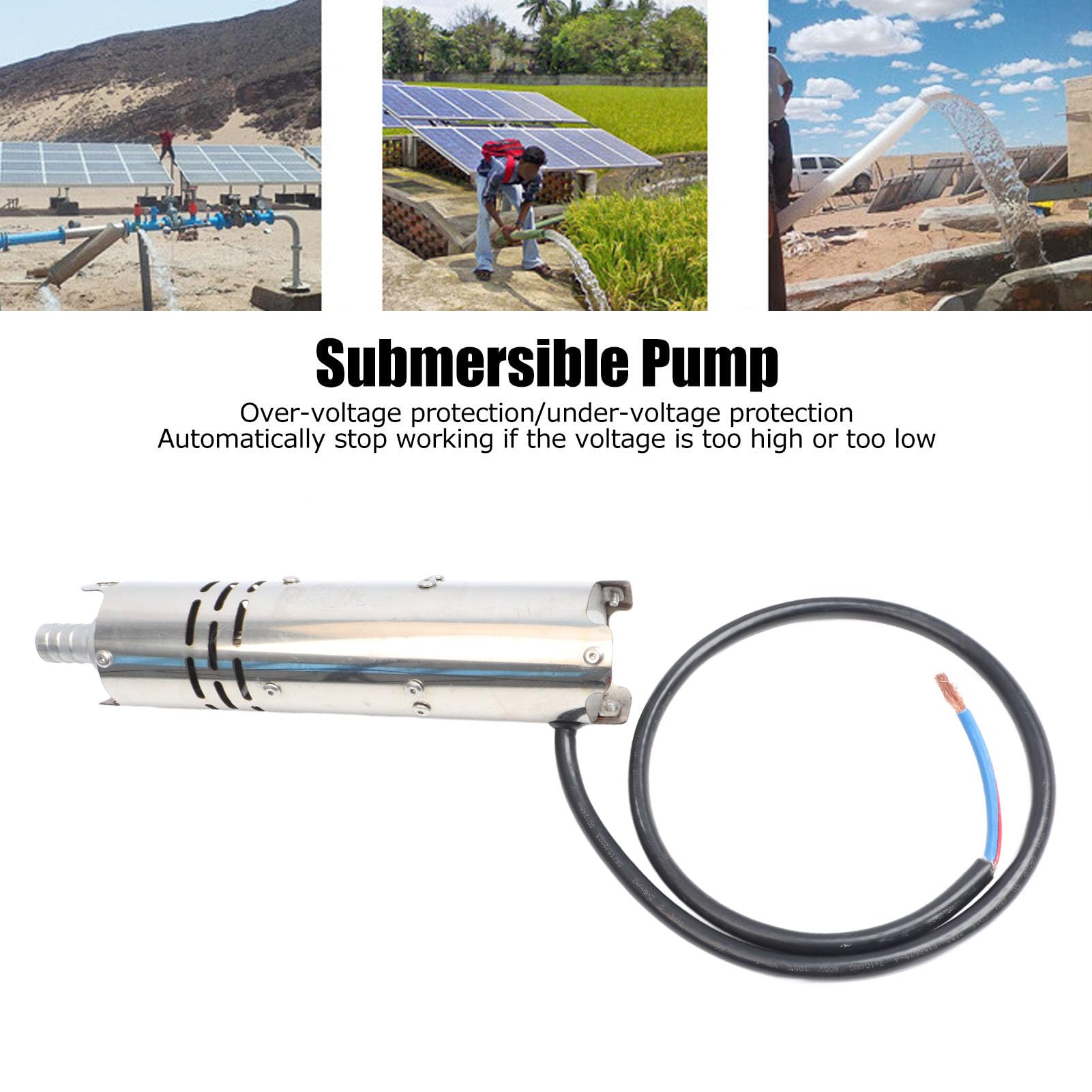 Ejoyous Bomba Sumergible Bomba de Agua Solar sin Escobillas CC de Acero Inoxidable 24V 200W Controlador MPPT Incorporado 3m3h Elevación de 20m para Transferencia de Agua de Pozo de Riego Solar