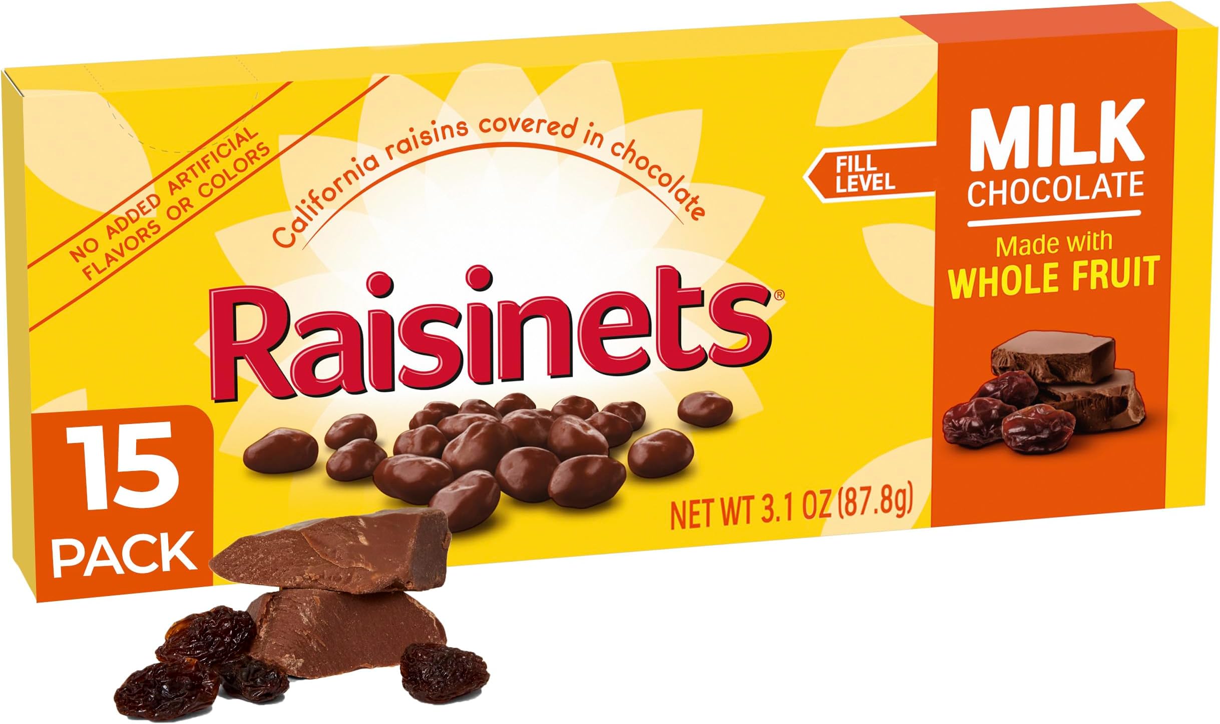 Milk Chocolate Covered California Raisins, Movie Theater Candy Box, 3.1 oz each, Bulk 15 Pack