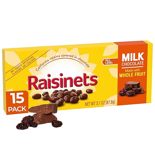 Raisinets, Pasas de California cubiertas de chocolate con leche, caja de dulces de cine, 3.1 onzas cada una, paquete de 15 unidades a granel