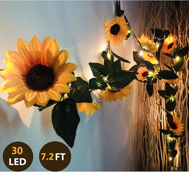 Fielegen 30 LED Artificial Sunflower Garland String Lights 7.2ft Silk Sunflower Vines with 10 Flower Heads Battery Powered Fairy String Lights for Wedding Party, Valentines Day, Birthday Bedroom Decor