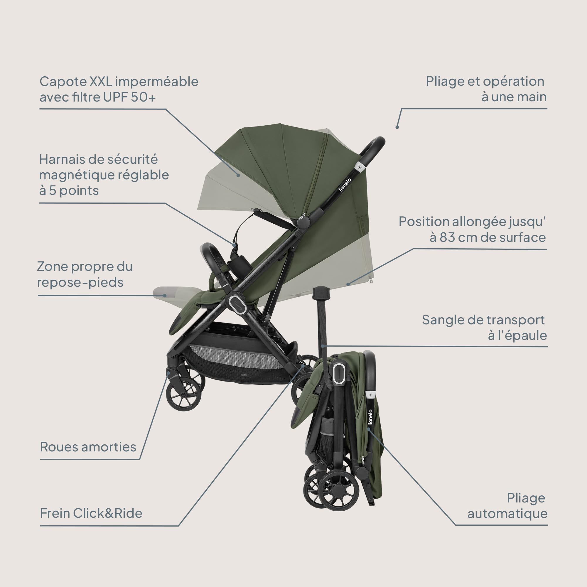 LIONELO Poussette Bébé Bess jusqu'à 22 kg de 6 mois à 4 ans Roues Pivotantes en PU 360 ° Pliage avec Une Main, Dossier Réglable, Canopy Imperméable Poids Léger 7,5 kg, Panier à Courses (Green)