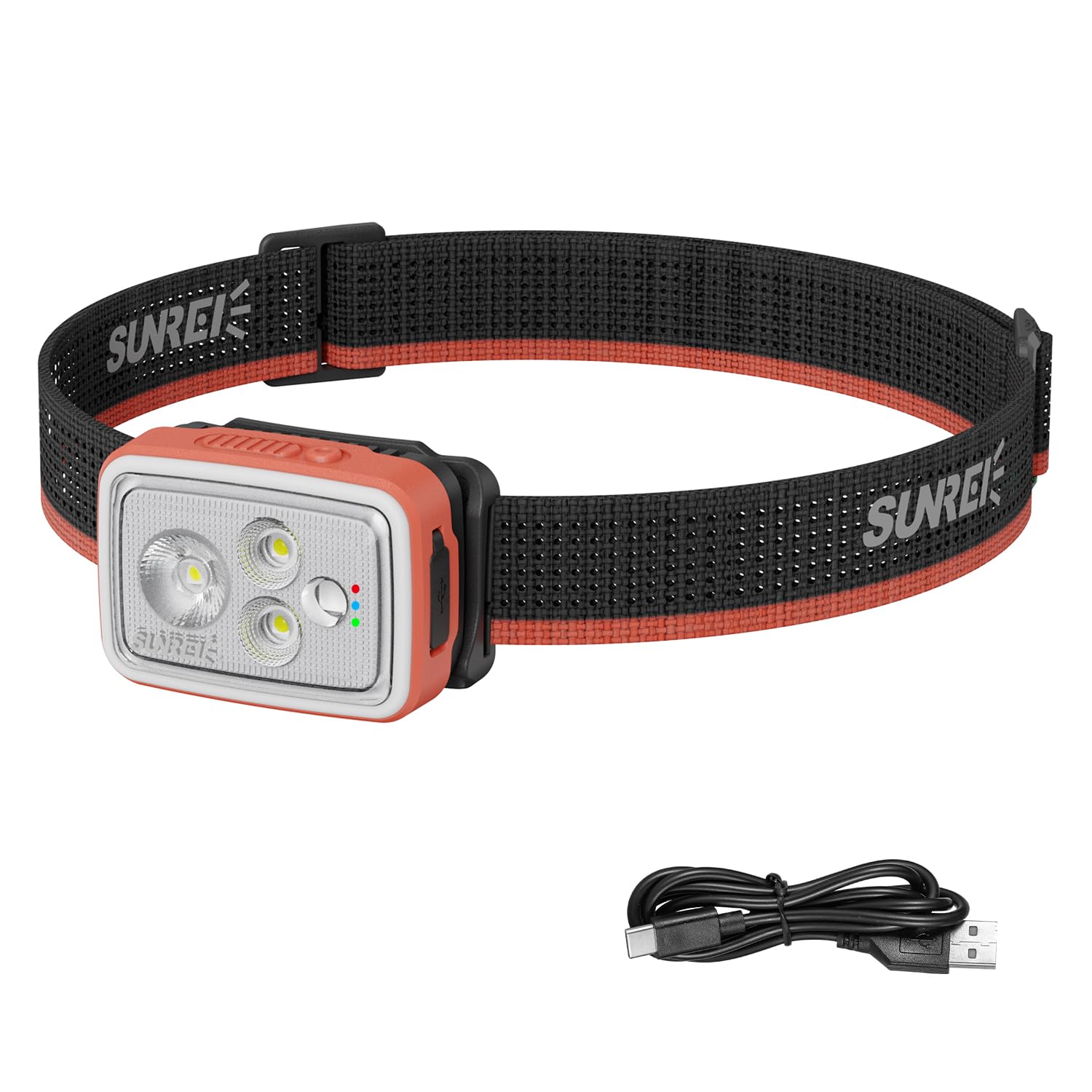 SUNREI 700 Lumen wiederaufladbare Stirnlampe mit RGB-Licht, Bewegungssensor, stufenloses Dimmen, IPX6 wasserdicht, 2200 mAh Akku, 5700 K, Spot/Flut/Kombi-Strahl, roter Blitz, Typ-C leichter