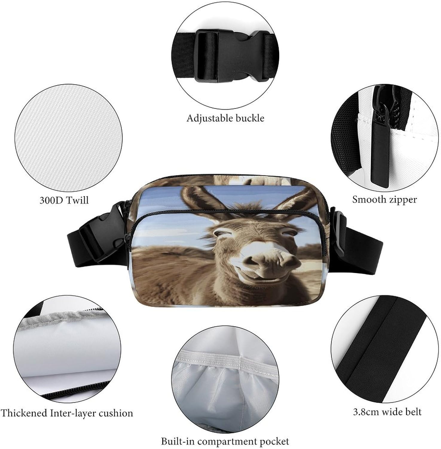 Funny Donkey Fanny Pack Belt Bag with Adjustable Strap Fashion Waist Bag for Outdoor Sports Hiking