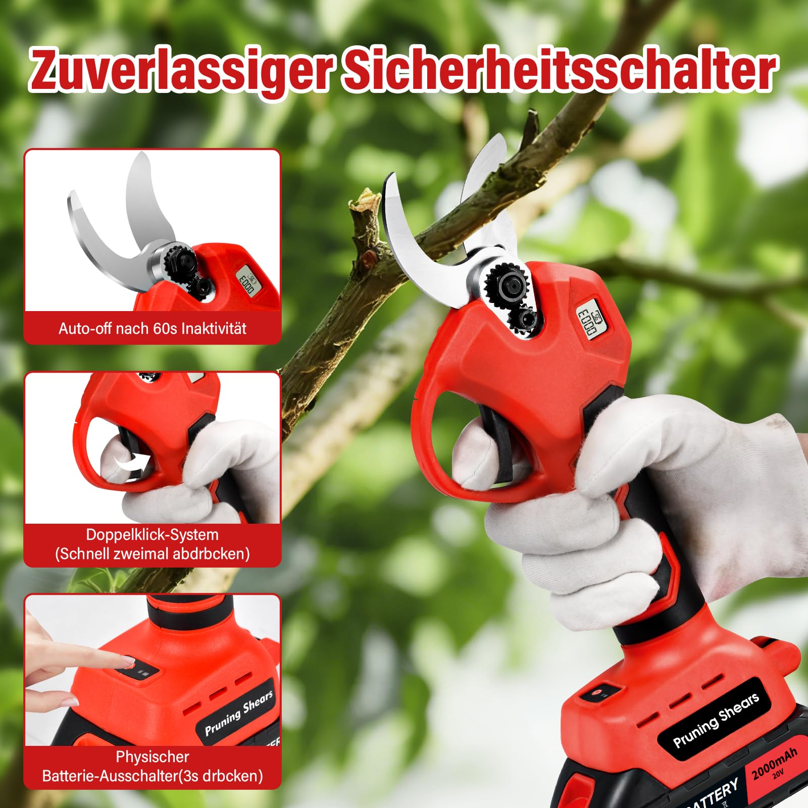Akku-Astschere, 30MM Gartenschere mit 2 Akku 2000mAh, Bürstenloser Motor Elektrische Bypass Baumschere, LCD Anzeige, Akku Baumschere für Äste, Büsche und Stämme
