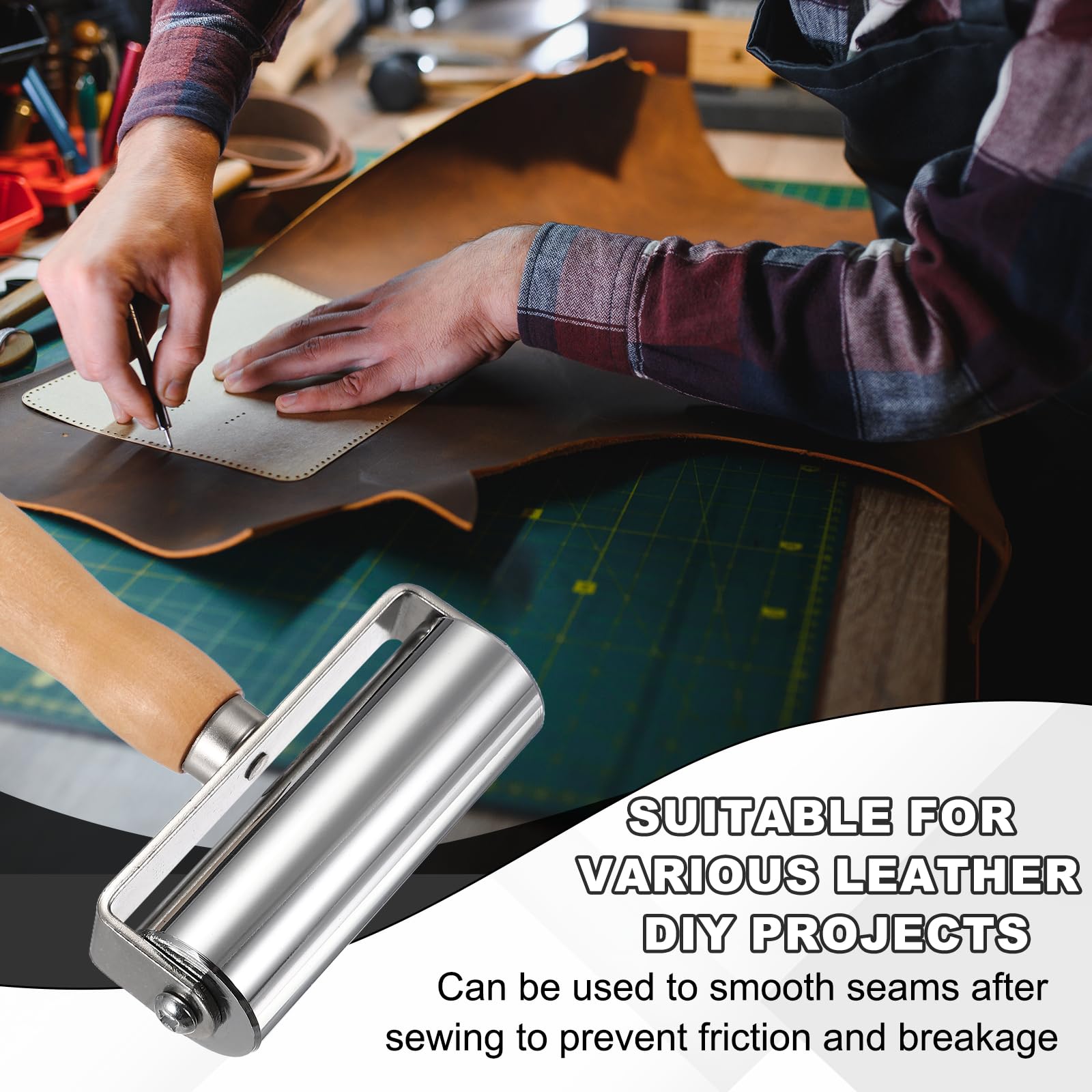 QUARKZMAN 2 Pezzi Rullo Pressa Pelle 100 Mm / 3.94" Lunghezza Acciaio Inossidabile Laminazione Bordi Colla Pelle con Manico in Legno per Lavorazione Fai da Te