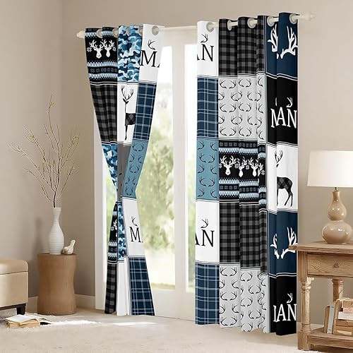 Miniatura 4 de Cortinas y cortinas de ciervo de alce, cortinas de camuflaje azul turquesa, cortinas opacas retro a cuadros negros a cuadros, 2 paneles de 52
