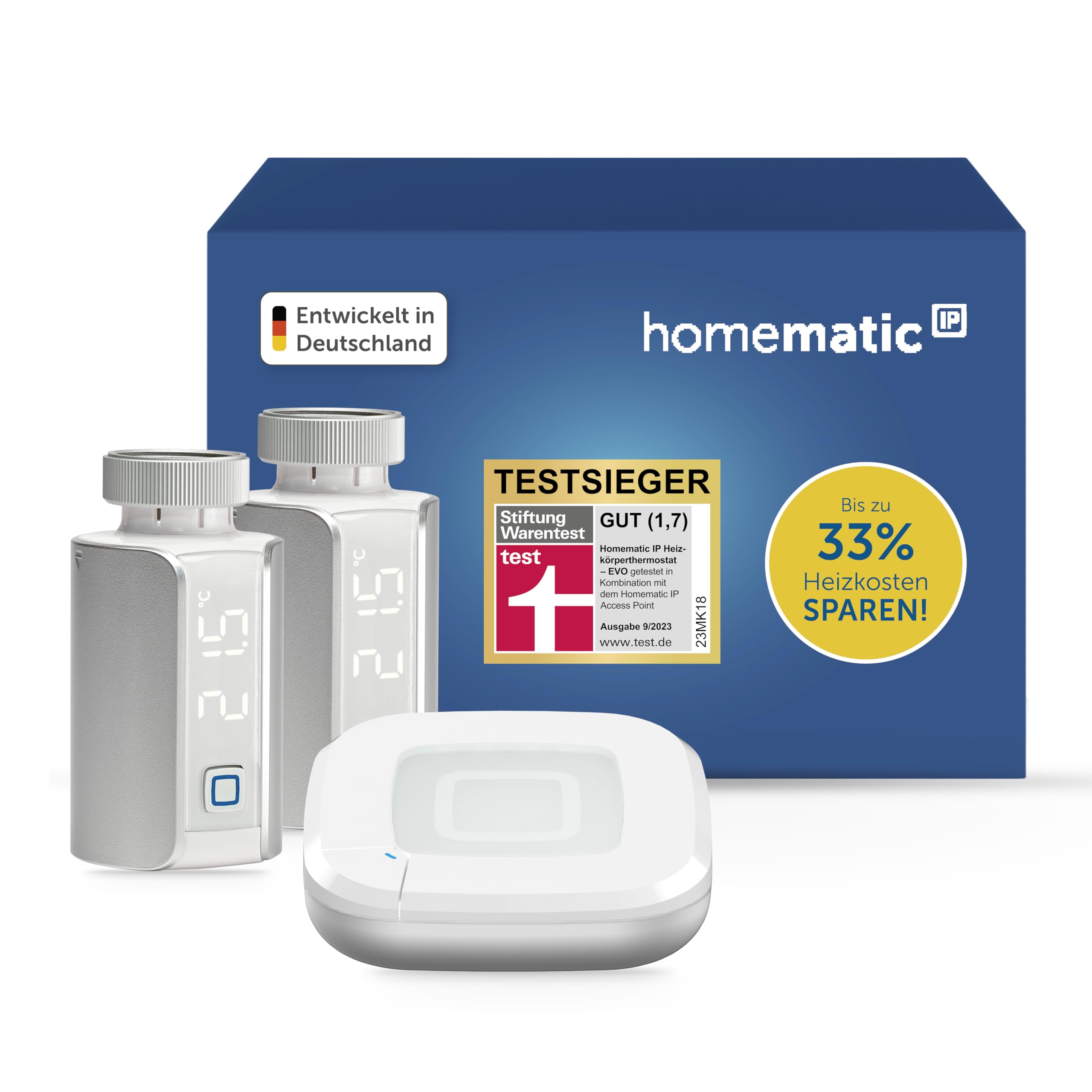 Homematic IP Smart Home Starter Set mit Access Point 2 + 2X Heizkörperthermostat – Evo, Silber, digitaler Thermostat Heizung, Steuerung per App, Alexa, Google Assistant, Energie sparen