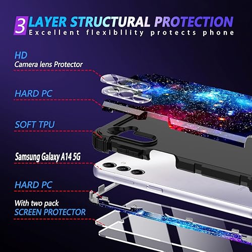 Miniatura 3 de Miqala Funda para Galaxy A14 5G con 2 protectores de pantalla de vidrio templado + 2 protectores de lente de cámara, brilla en la oscuridad, funda