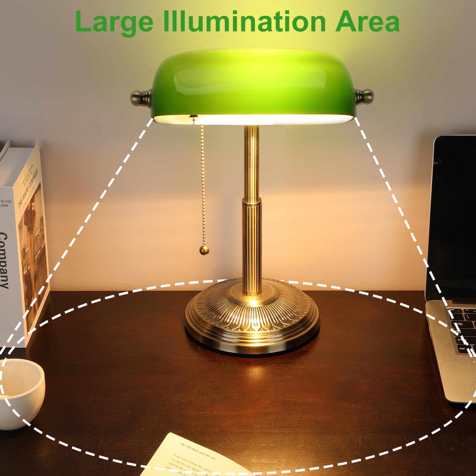 LINNMON Bankers Schreibtischlampe, grüne Retro-Lampe, Vintage-Lampe mit Zugkettenschalter für Home Office (Messing + Grün)