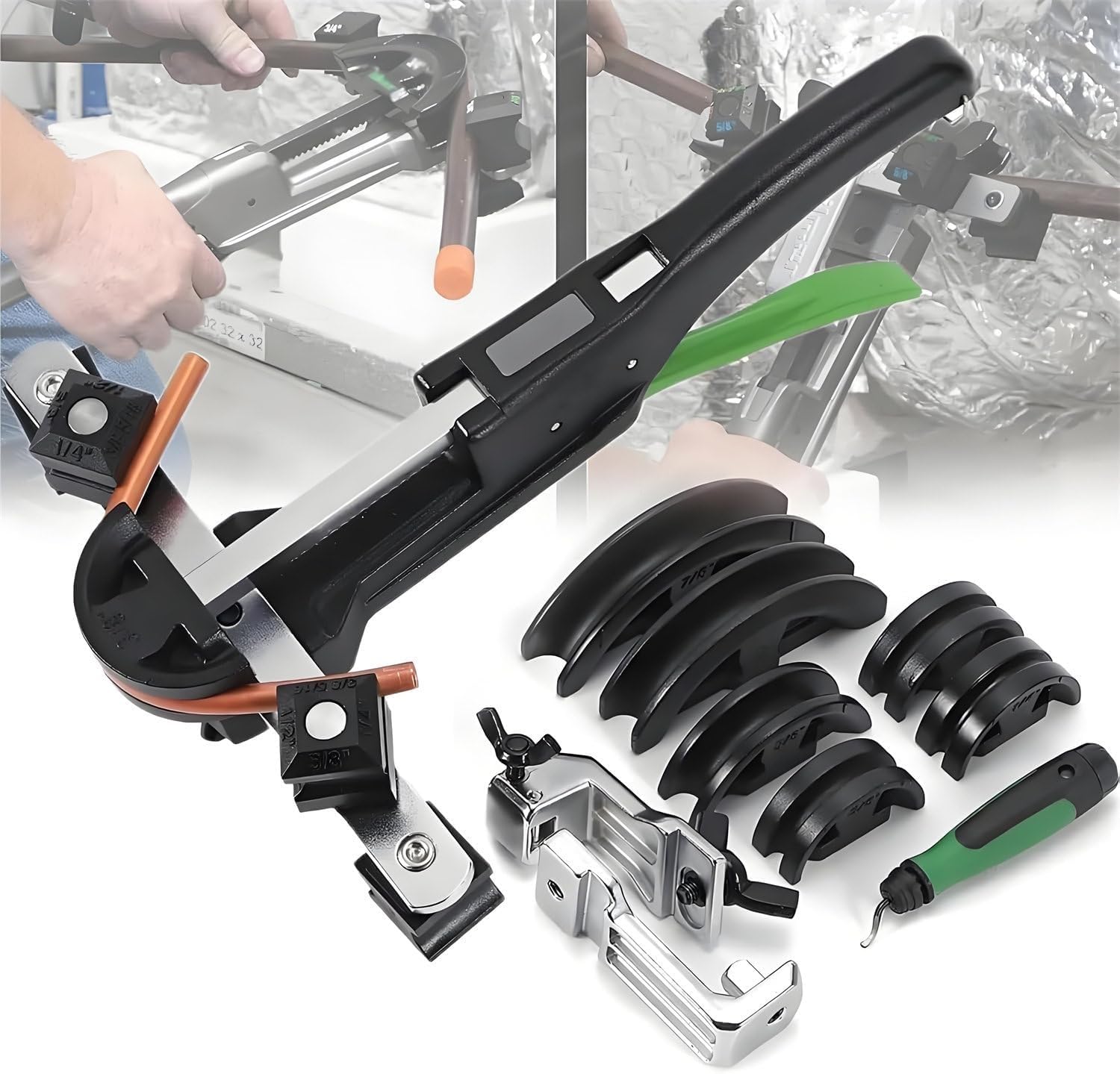 JXYQ Tubing Bender Kit with Reverse Bend, Hydraulic Pipe Bender Tool Set for HVAC and Refrigeration with 7 Dies for 90° Bends
