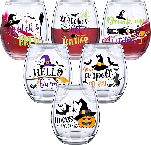 Sliner 6 copas de vino sin tallo de bruja de Halloween de 11.5 onzas, copas de vino de Halloween para cumpleaños, fiesta de inauguración de la casa,