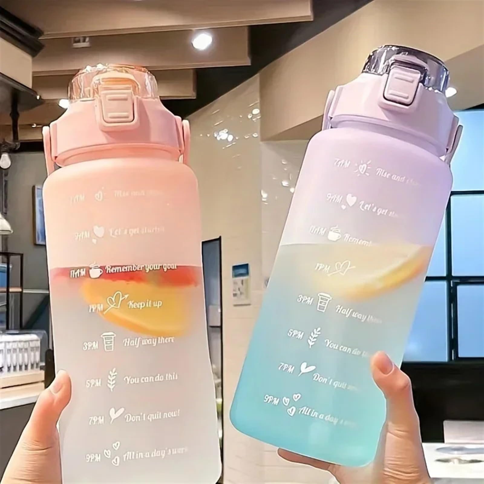Sportflasche 2L Water Bottle with Straw Large Capacity Sports Portable Drinking Bottles with Time(Pink)