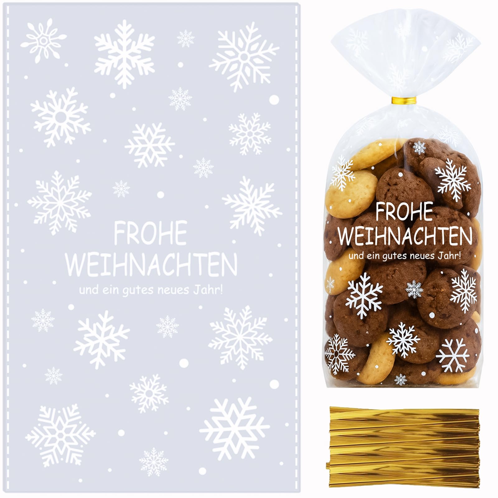 Plätzchentüten, 100 Stück Kekstüten Weihnachten, Bodenbeutel Frohe Weihnachten 14.5x24cm, Weihnachtstüten zum Befüllen, Schneeflocke Cellophantüten für Kekse Süßigkeiten