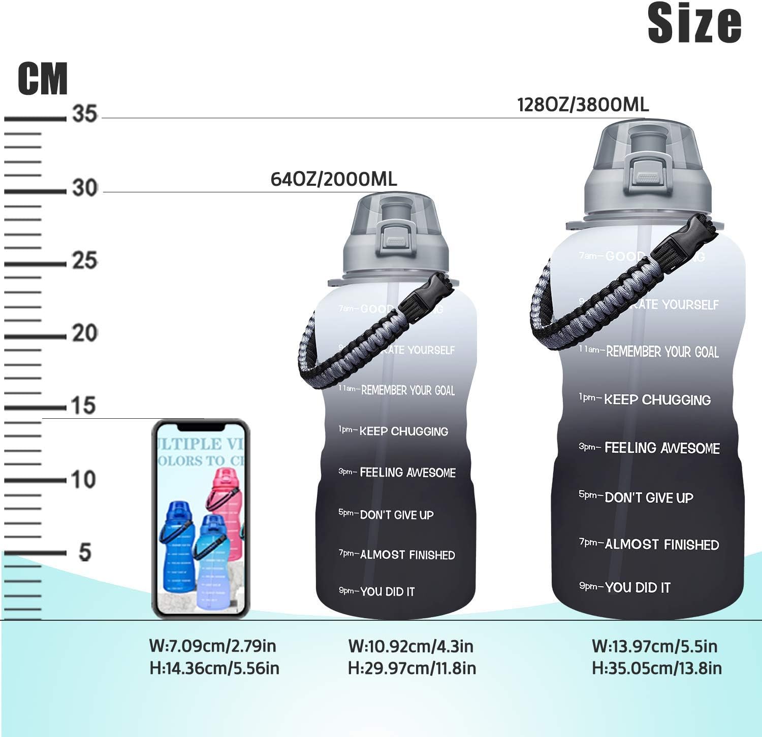 Giotto Large 1 Gallon Motivational Water Bottle with Paracord Handle & Removable Straw - Leakproof Tritan BPA Free Fitness Sports Water Jug with Time Marker-1G-White/Gray Gradient : Sports & Outdoors