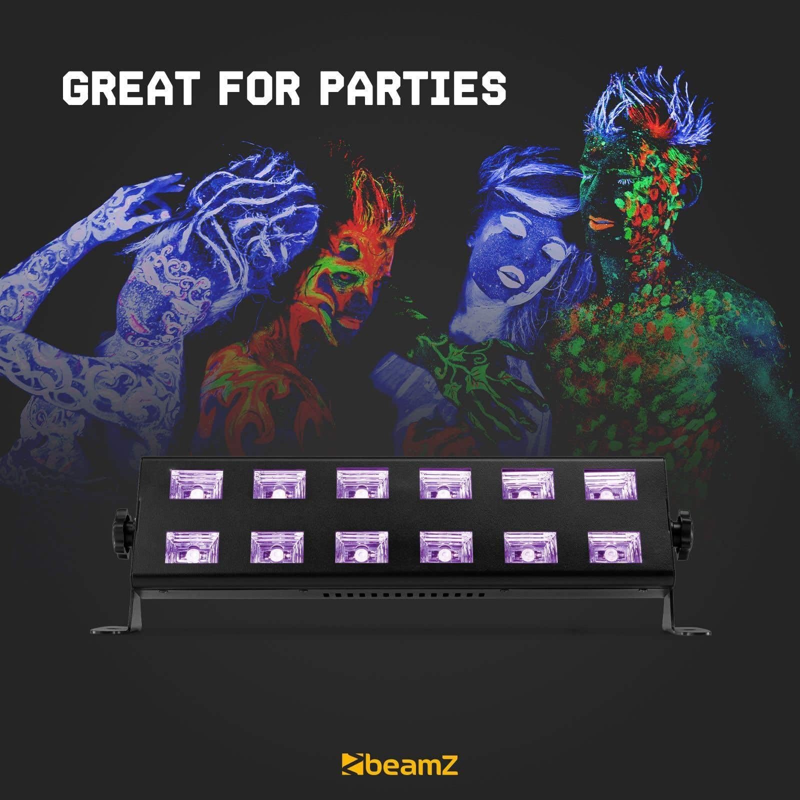 BeamZ BUV263 UV LED Schwarzlicht Bar – 12x 3W UV LEDs | Schwarzlicht Lampe mit 65° Abstrahlwinkel | Partylicht, Clublicht, UV Effektbeleuchtung | Plug & Play UV Bar für Party & Bühne