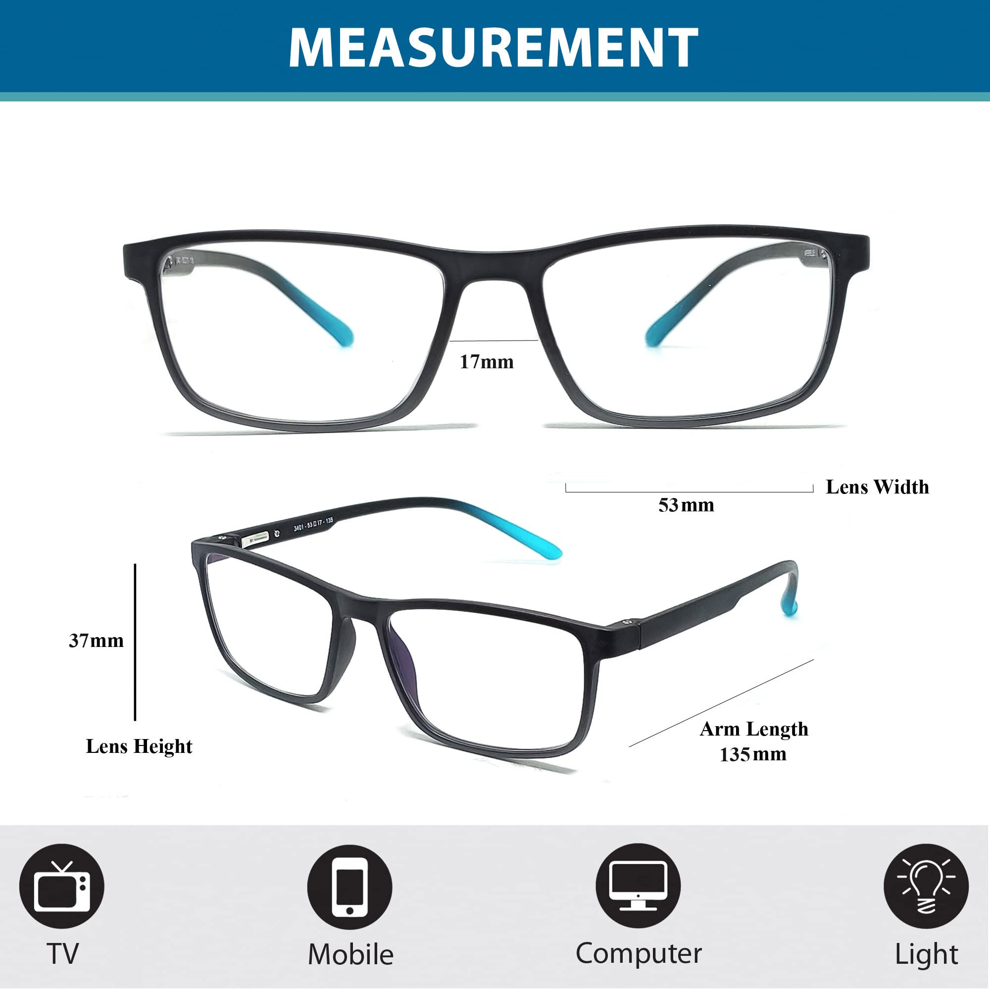 Aferlite® Gold Series Unisex Rectangular Computer Glasses Blue Light Blocking Technology For Eye Protection (53 mm Medium) (TURQUOISE B (TRANSLUCENT)) 4