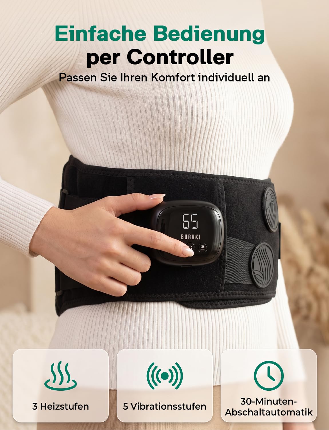 Wärmegürtel Rücken mit 5000mAh Akku, Ultraleise, 5 Vibrationsmodi, Schnelles Aufheizen in 3 Sekunden, 3 Heizstufen, Automatische Abschaltung nach 30 Minuten, 35 dB Geräuschlos