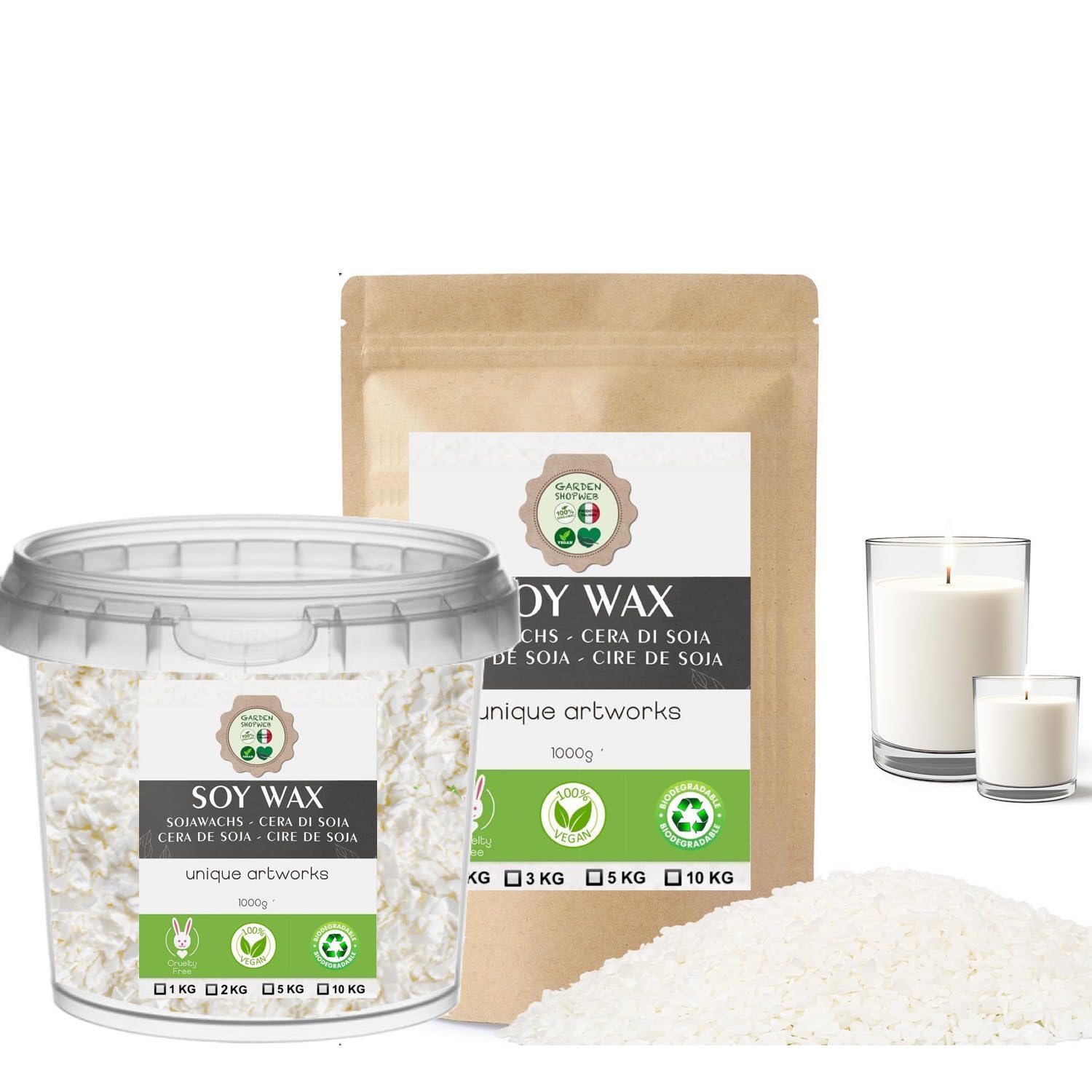 Cera di soia Premium - Varie Dimensioni - Cera di soia Ecologica 100% Naturale per Produzione di Candele Basso Punto di Fusione 45° (SACCHETTO KG 2)