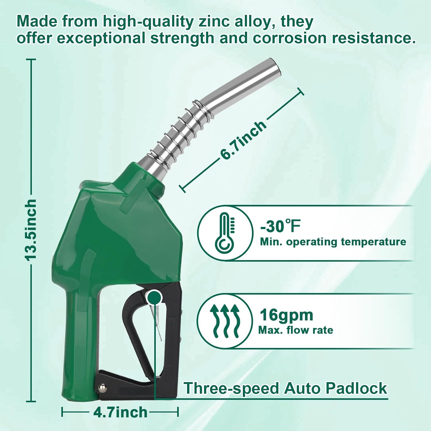 3/4" NPT Auto Shut-Off Fuel Nozzle, Gas Pump Nozzle with 3-Speed Padlock (9-16 GPM) - 360° Swivel Hose for Gasoline, Diesel, Biodiesel B20, E15 & Kerosene (GREEN)