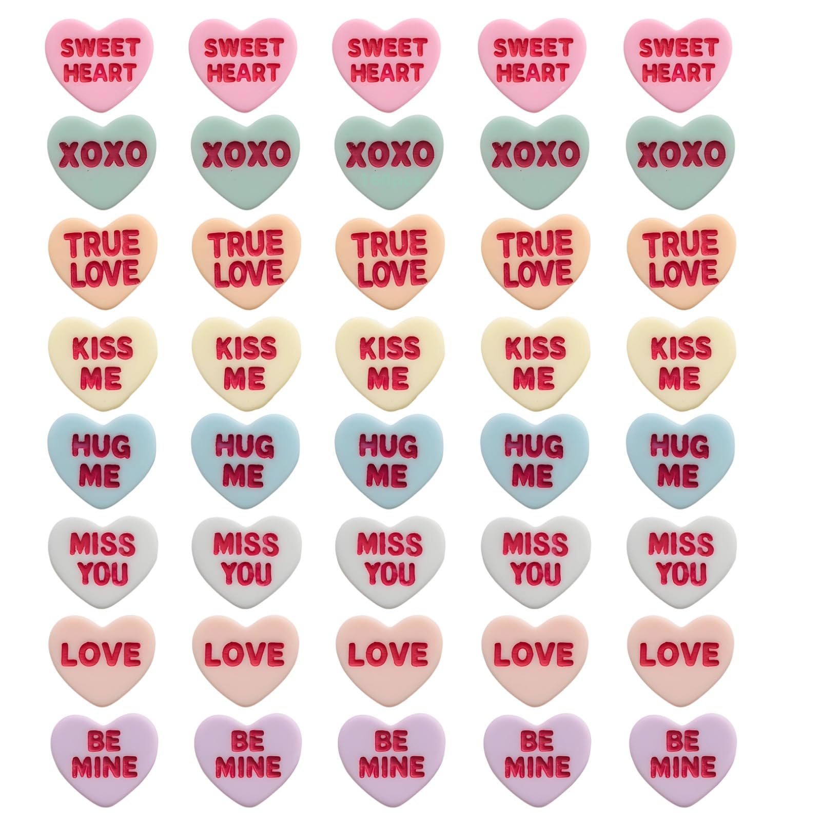 160 Petits cœurs de conversation vert clair en résine à lettres rouges pour DIY
