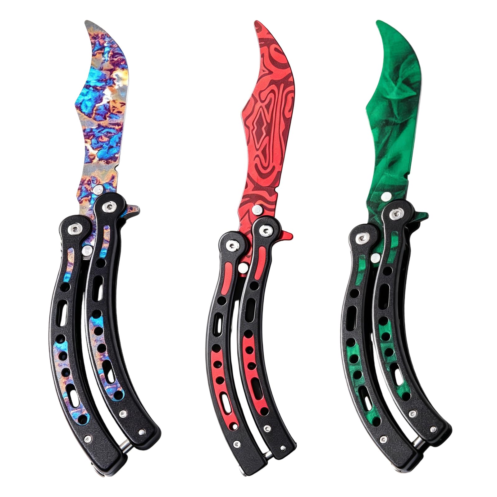 3 Stück Butterfly Trainer: Biegen Butterfly Messer zum Üben Ungeschärfte Klinge, Faltbarer Butterfly Kamm Edelstahl Trainings, AnfäNger-Der Flipping Tricks üBt (Grün + Rot + Farbe)