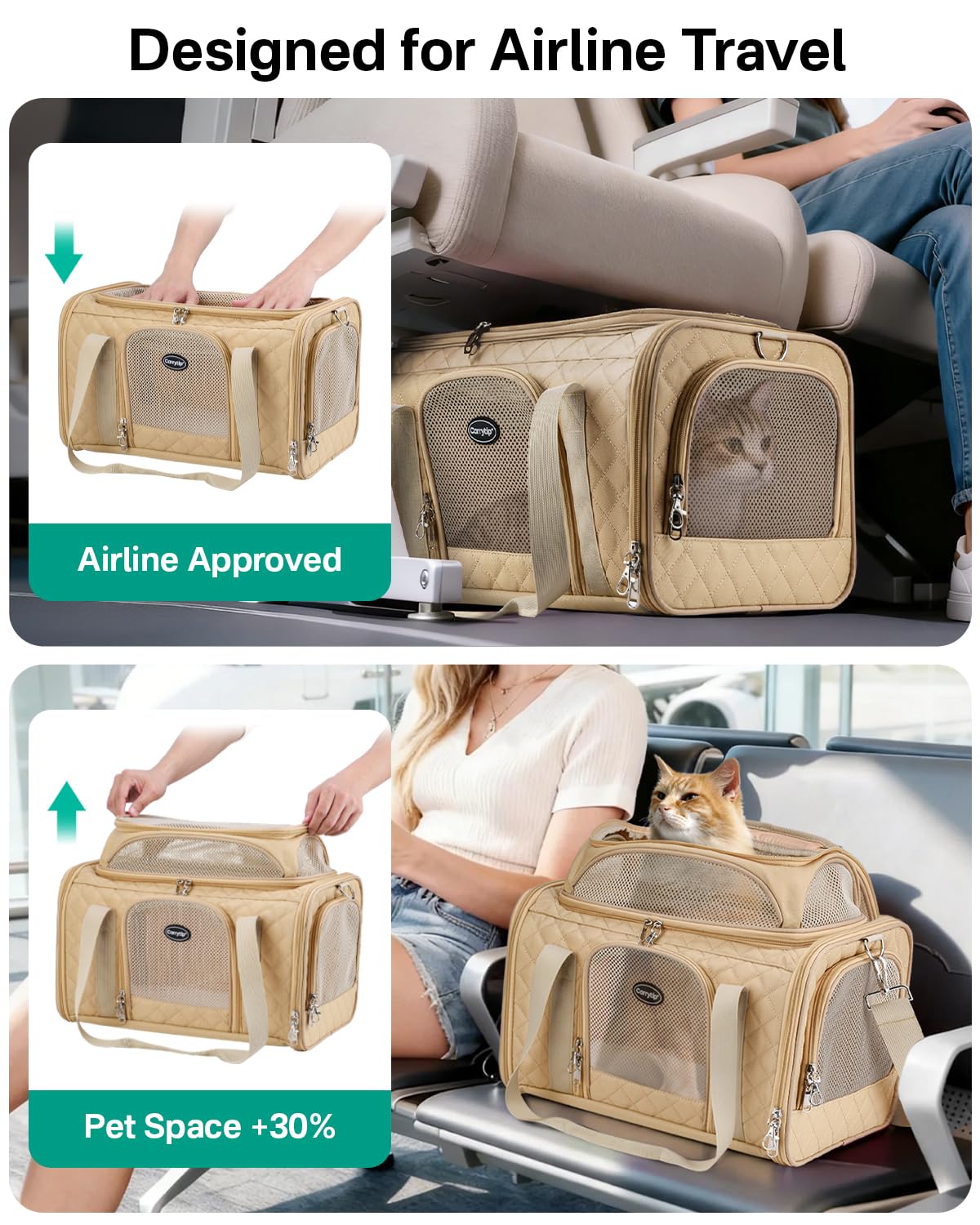 CarryTip Cat Carrier Airline Approved 17x11x9.5 Inches, Top Expandable Soft Sided Pet Travel Carrier for Cats & Small Dogs, Fits Under Airline Seat with Locking Zippers, Brown - image 3