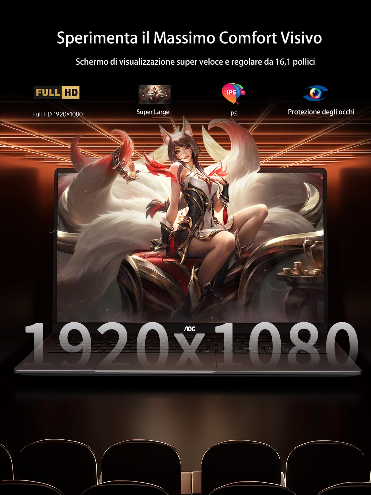 AOC 16.1'' PC Portatile,Ryzen 7 5700U(fino a 4,3 GHz),RAM 16GB SSD 512GB, WiFi-6 Notebook, Tastiera Retroilluminata Computer Portatile, HDMI, BT5,2, FHD 1080P BATTERE Core i7