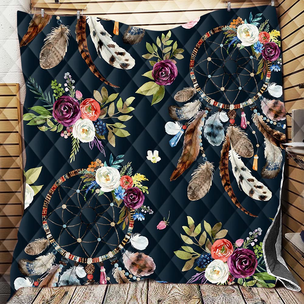 3D Dreamcatcher Quilted Bedspread Single Double King Size, Chickwin Coverlets Lightweight Microfiber Comforter Easy Care Sofa Blanket Throw for All Season (Floral,96x114cm)