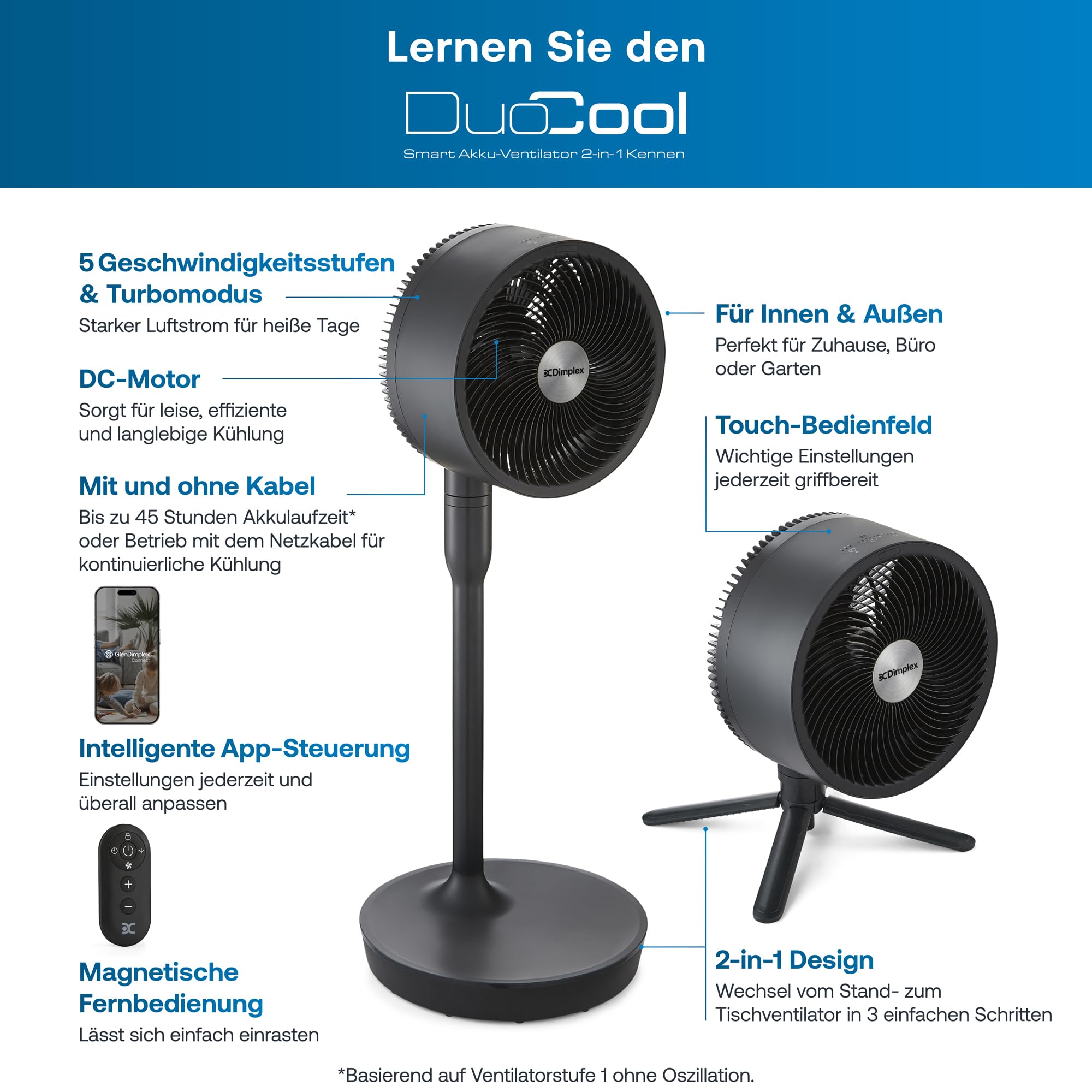 Dimplex DUOCOOL Smart 2-in-1 Akkuventilator Kabellos, Stand- & Tischventilator, 45 Std. Akku, 5 Geschwindigkeiten+Turbo, 20m Reichweite, Leiser Ventilator(36dB), App, Google Home & Alexa, Fernbedienung