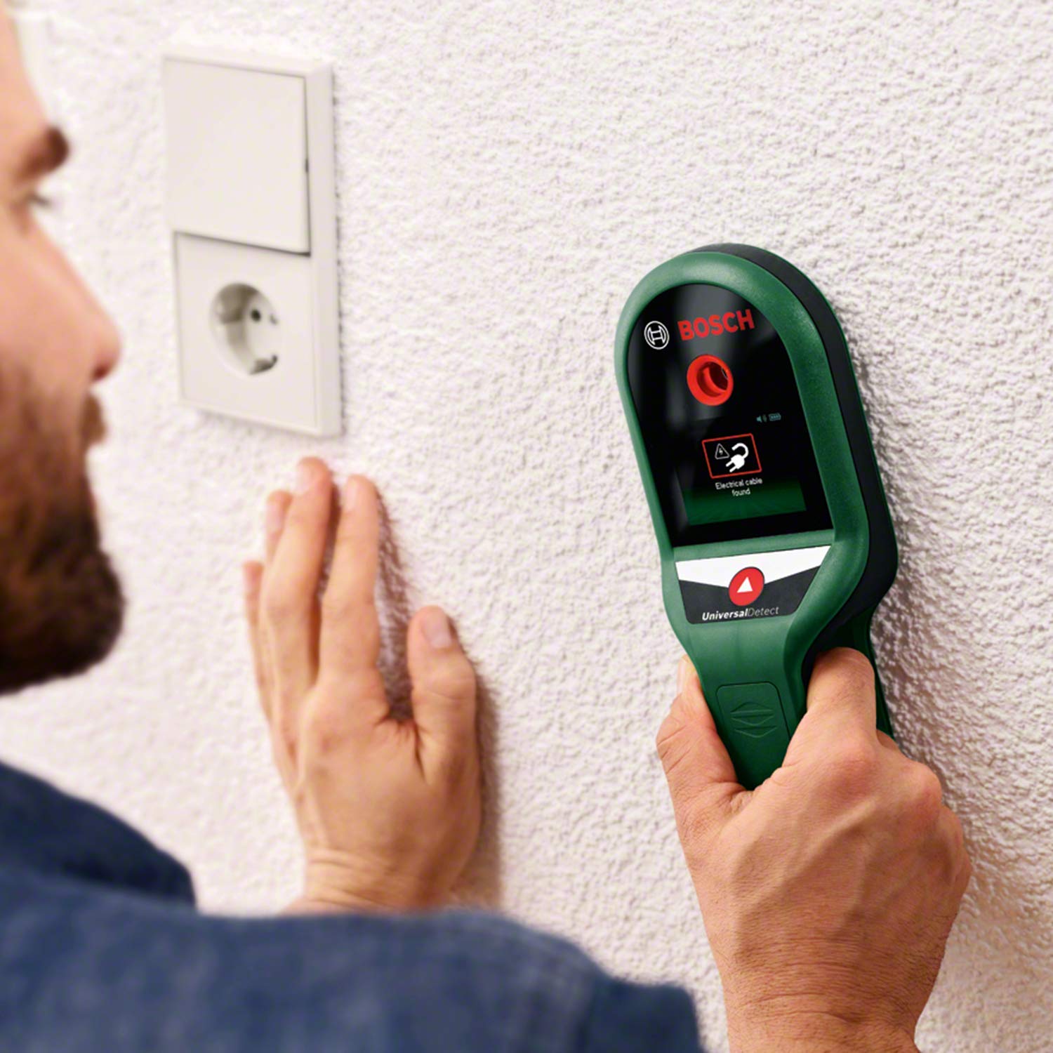 Bosch Detektor UniversalDetect (ułatwiający obsługę przewodnik instrukcjami „krok po kroku”, detektor konstrukcji drewnianych i przewodów, opakowanie kartonowe E-Commerce)