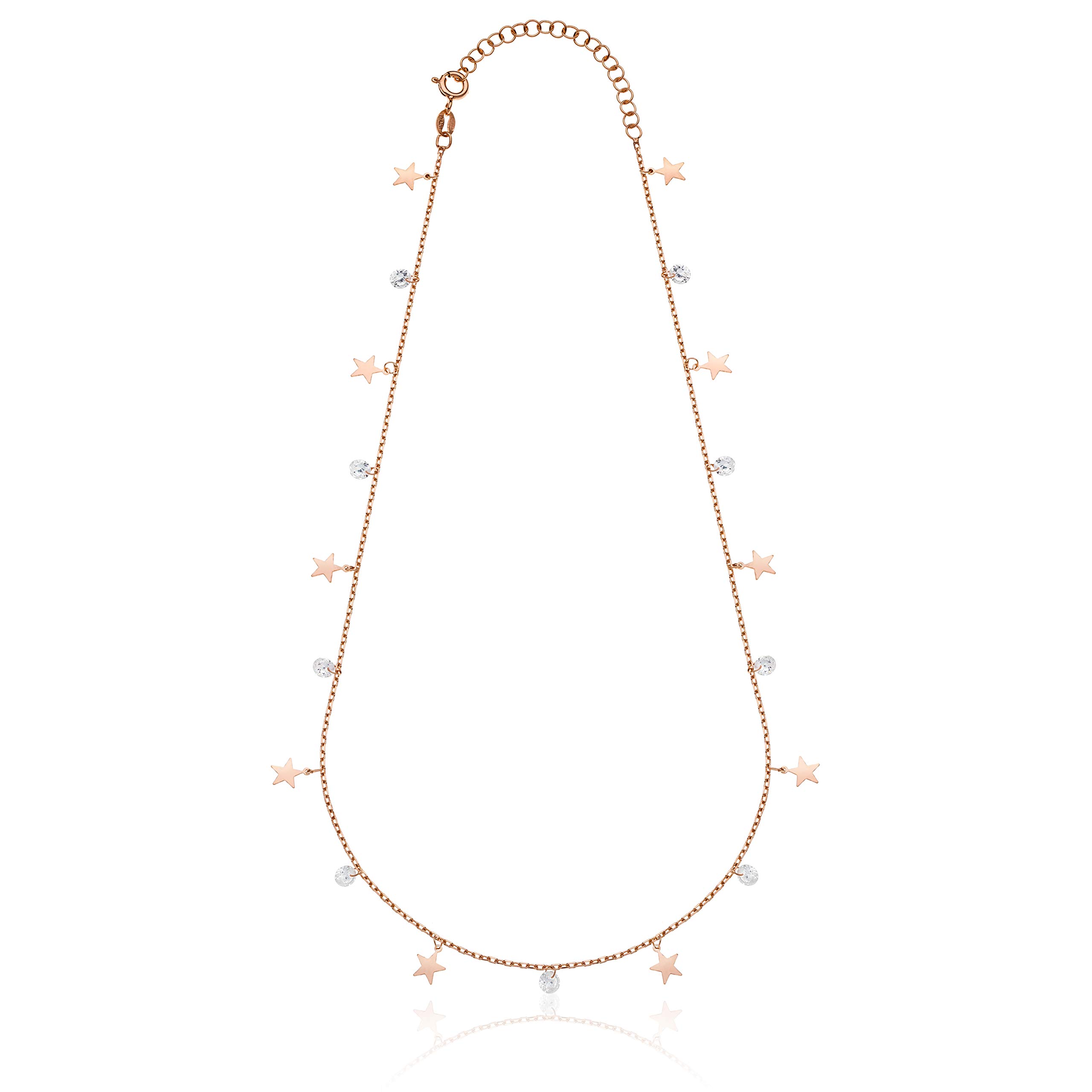 Aka Gioielli® - Collana Girocollo Donna Argento 925 Oro Rosa con Stelline e Piccole Pietre, Delicata Collana per Ragazza