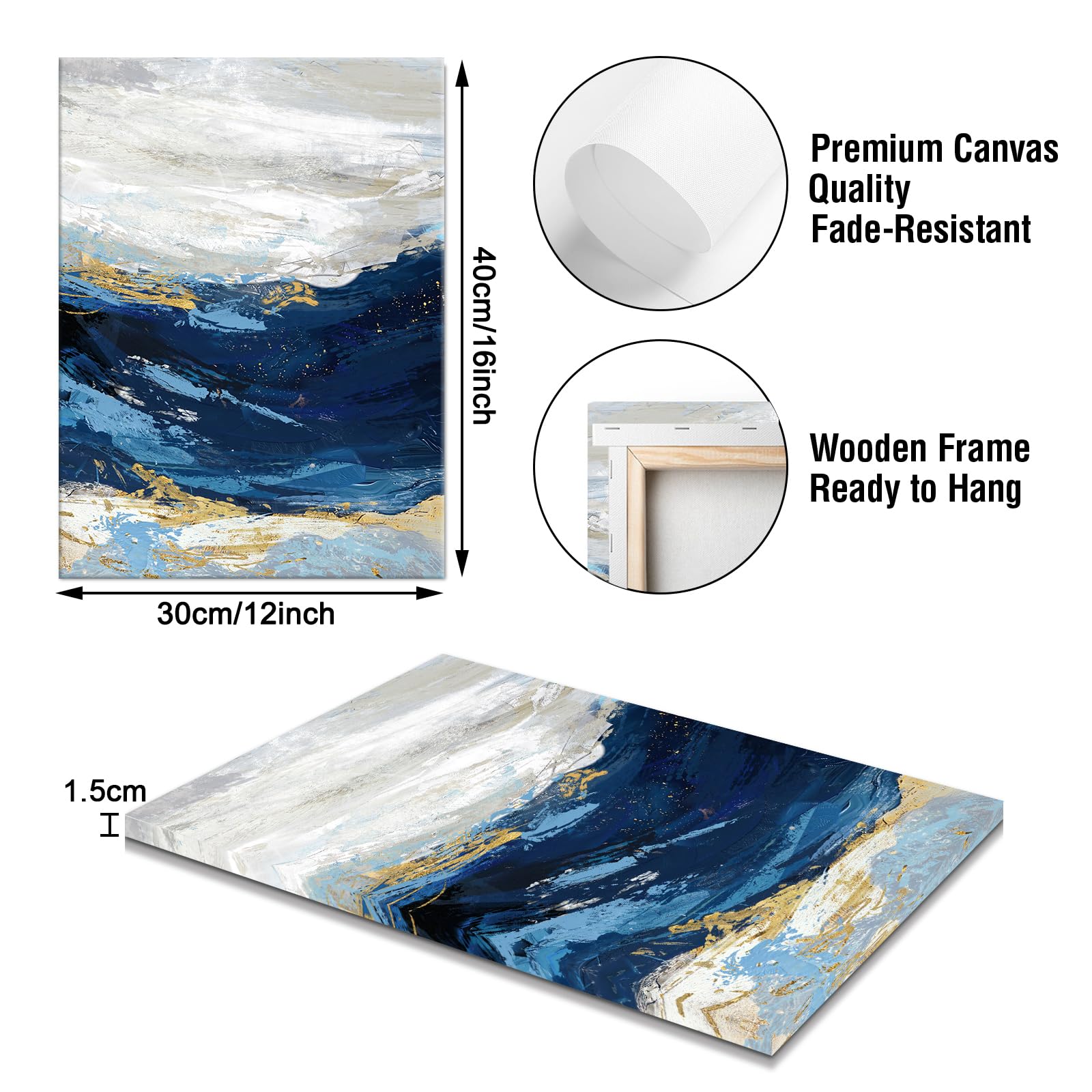 WENGTIAO Abstract Minimalist Blue Canvas Wall Art Prints Framed Pictures Navy Blue Sea Wave Gold Gray Painting on Canvas Living Room Bedroom Home Wall Decor Ready to Hang 30x40cm - Image 2