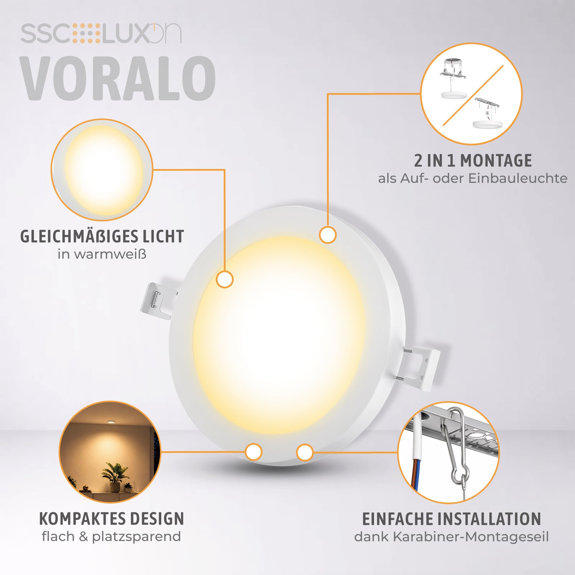 SSC-LUXon 6er Pack VORALO 2in1 flache Deckenlampe Einbau & Aufbau LED warmweiß - Ø 14cm Einbauleuchte/Aufbauleuchte Spotlight