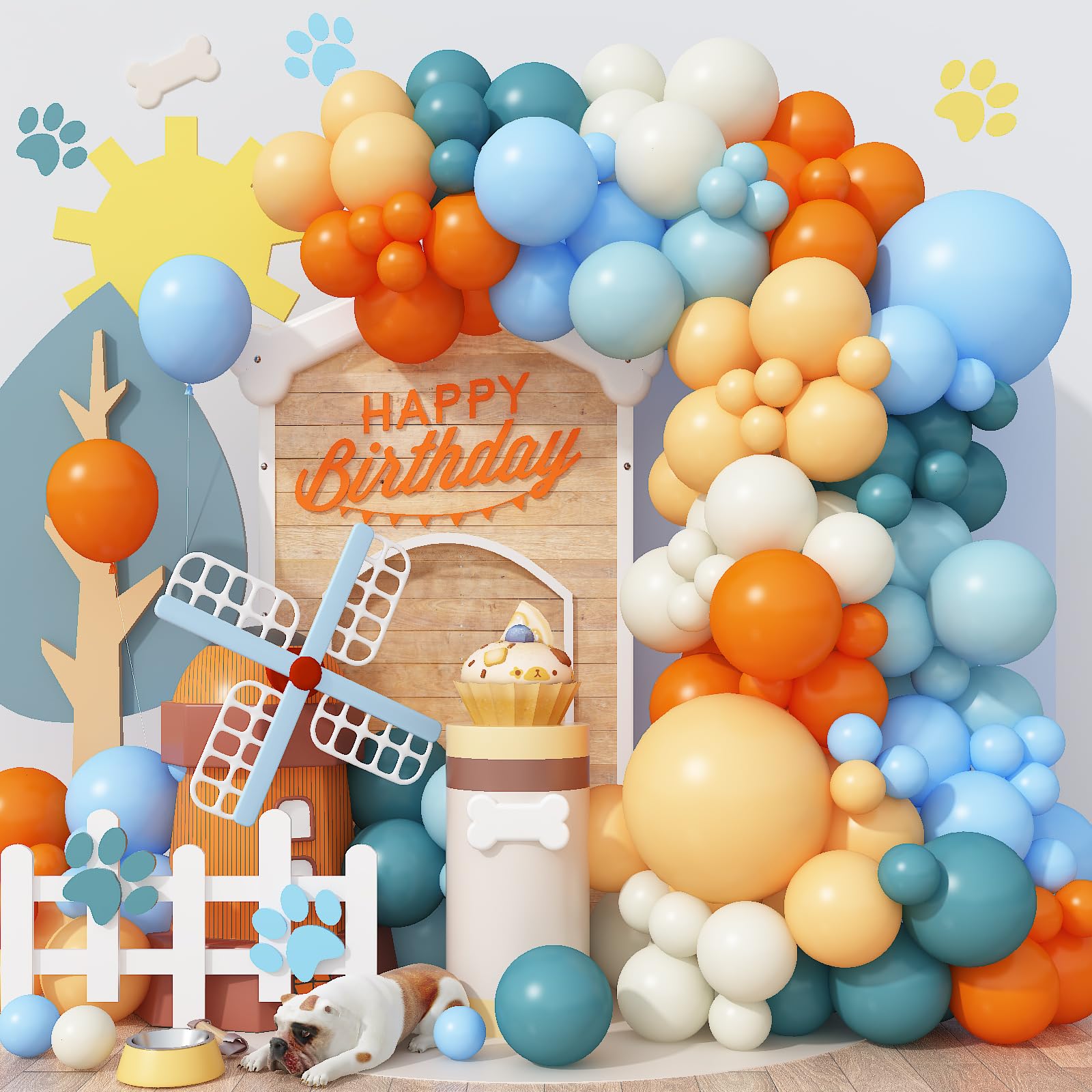 Orange and Blue Balloon Garland Arch Kit, 125pcs Retro Burnt Orange Baby Dusty Fog Blue Beige Ivory White Latex Balloons Arch for Birthday Decor, Boys