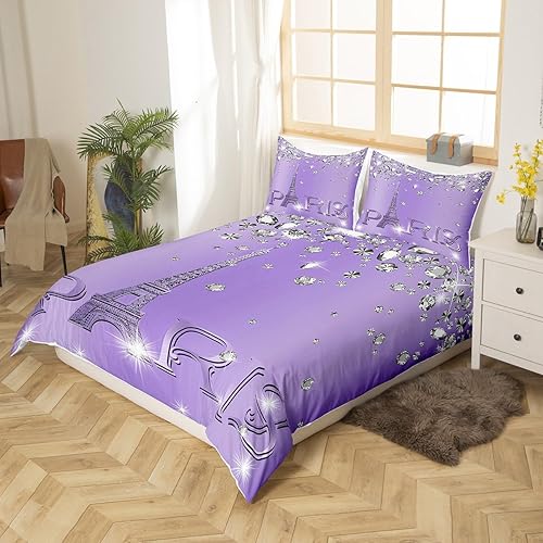 Miniatura 9 de Erosebridal Juego de funda de edredón de París, tamaño King para niños y niñas y mujeres, con brillantina, diseño de torre Eiffel, funda de edredón