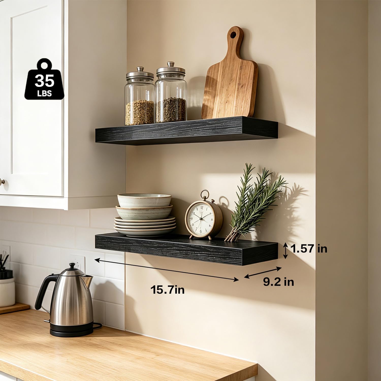 Solid Wood Floating Shelf, Wall Mounted Display Bookshelf for Bedroom, Bathroom, Kitchen, Living Room, Decor Wall,Set of 2 (Black, 15.75'W *9.25" D*1.57" H,Set of 2)