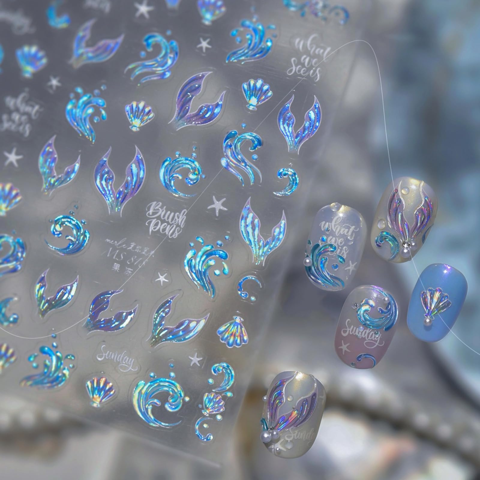 Waves Nail Stickers Blue Nail Decals with Fish Tails Design 5D Embossed Summer Shells Nail Art Stickers Self Adhesive for Women DIY Decoration Accessories