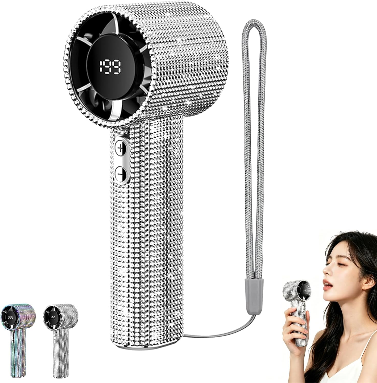 Portable Handheld Fan - Small Pocket Mini Fans, USB Rechargeable, Digital Display, Fashion Rhinestone Handheld Turbo Fan for Travel Outdoor Beach, Gifts for Women Men (White)