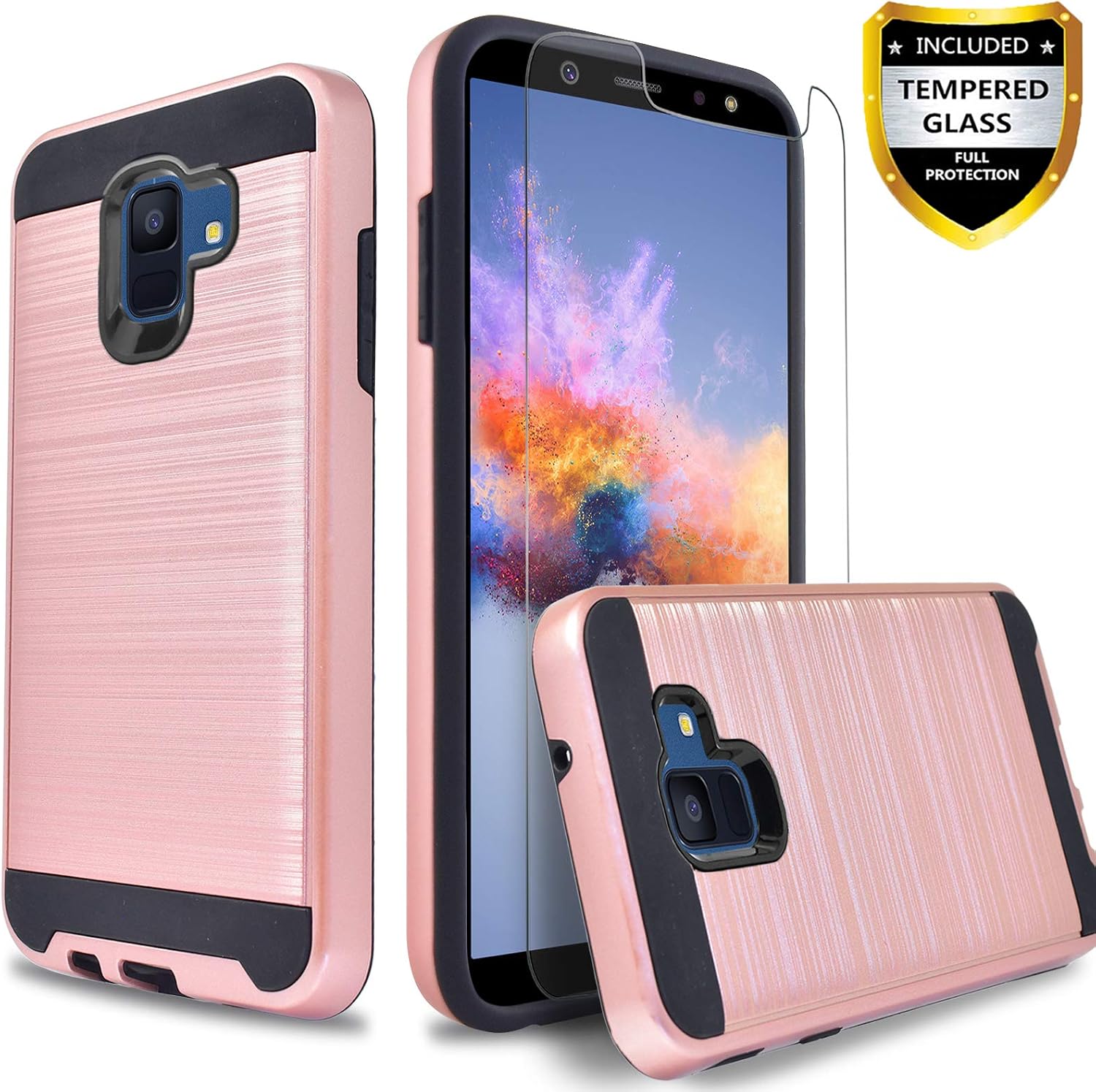 Circlemalls Galaxy A6 Case, with [Tempered Glass Screen Protector] 2-Piece Style Durable Hybrid Drop Protection Armor Rugged Protective Phone Cover for Samsung Galaxy A6-Rose Gold