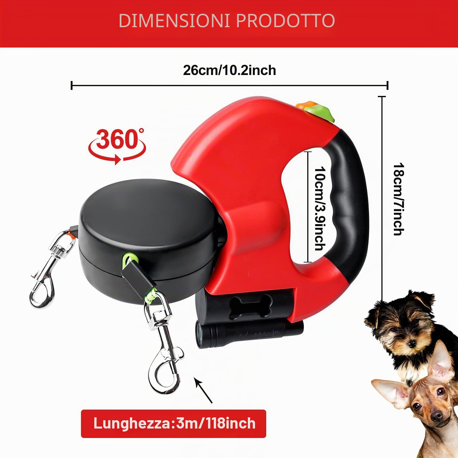 Guinzaglio doppio per 2 cani – 3 metri, retrattile e allungabile, con funzione luce, impugnatura ergonomica e bobina di rotolamento