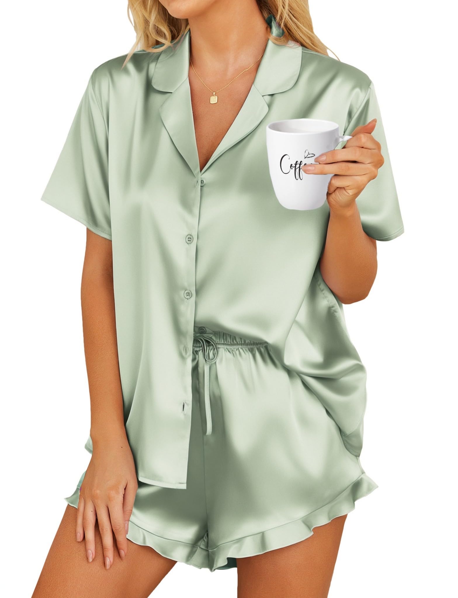 Auden Woman’s Size M  Satin Pajamas Set Button Down 2 Piece Silk Pjs Shorts Set Ruffle Lingerie Notch Collar Sleepwear