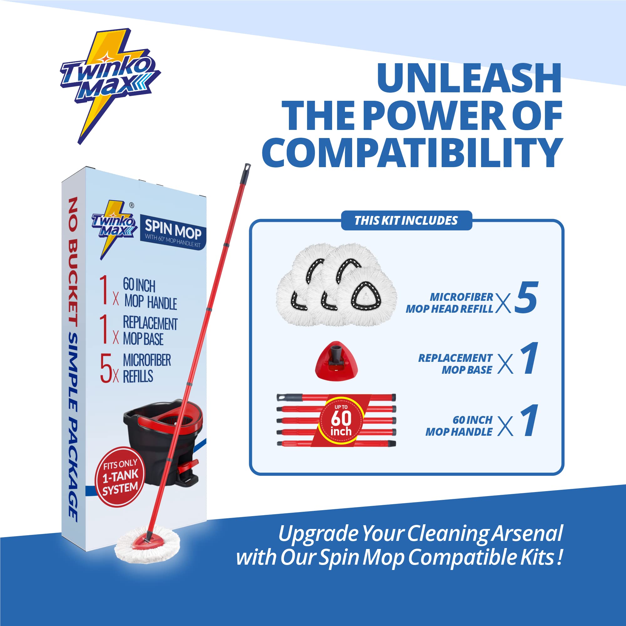 Twinko Max Spin Mop Kit (No Bucket), Compatible with O-Cedar EasyWring 1-Tank System Triangle Spin Mop, 60" Multi-Size Combination Handle, 5 Pack Microfiber Head Refills, 1 Pack Replacement Base Part.