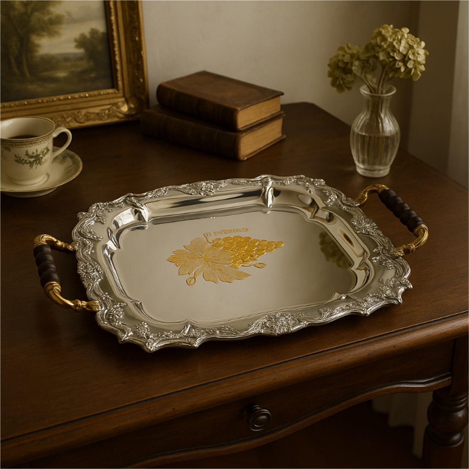 Bandeja Metálica con Asas Bandeja for Servir Resistente for café, té, hogar, Hotel, Bar, Boda, decoración del(Silver L 47x36cm)