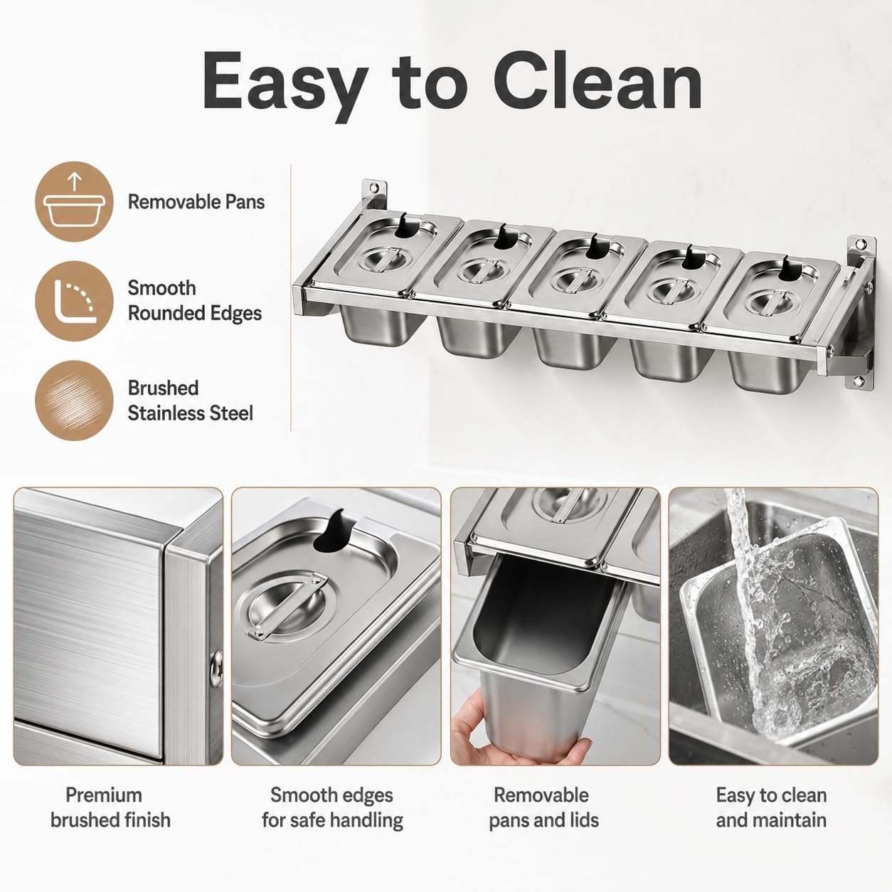 Estante de Condimentos de Acero Inoxidable Montado en Pared con Tapas, 3/4/5/6/7 Compartimentos, Bandejas Extraíbles para Salsas, Frutas, Toppings, Guarniciones, Bar