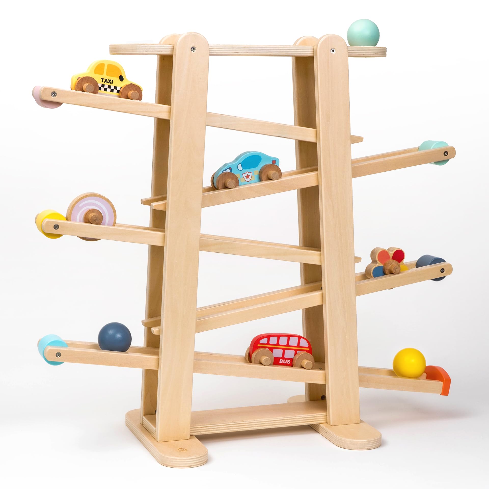 Große Kugelbahn aus Holz von Oh My Baby, Murmelbahn-Set, inklusive 9 Autos und Spielzeugbälle. Kugelbahn für Kinder ab 1 Jahr, Größe: 57 x 60 cm, FSC Lindenholz